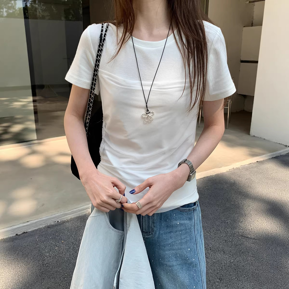 韩系掐腰设计感抽褶收腰显瘦正肩短袖t恤女春夏新款圆领休闲上衣