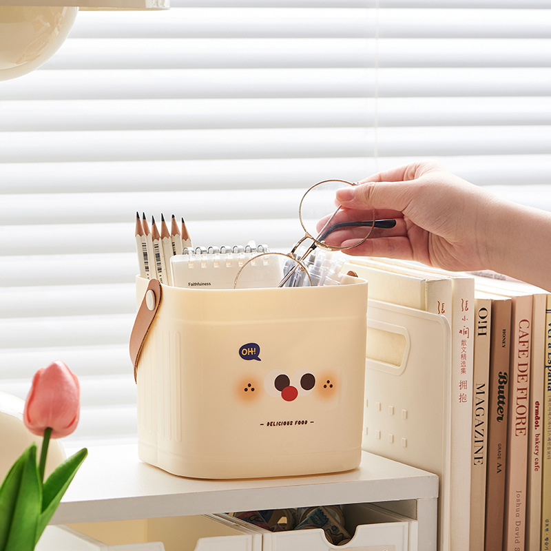 "Little Milk Coffee portable storage bucket, office desk miscellaneous storage box, home makeup brush remote control storage rack. Application Scenario