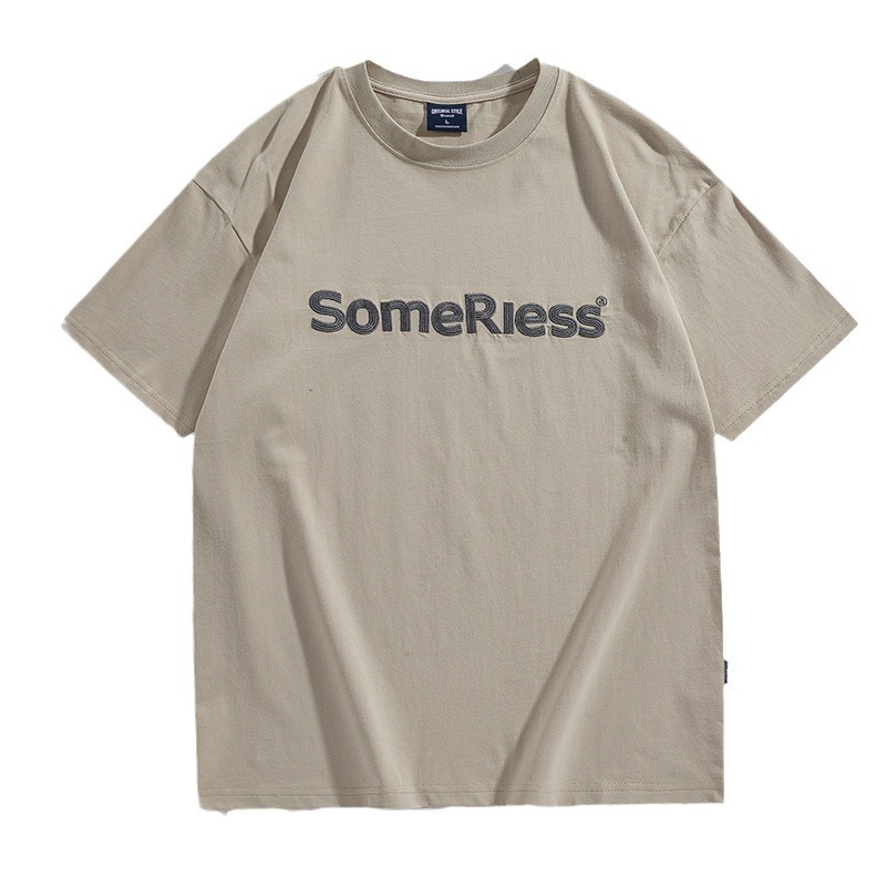 Furukawa Men's Wear: Japanese retro heavyweight letter-embroidered short-sleeved men's and women's summer loose pullover T-shirts Item Picture