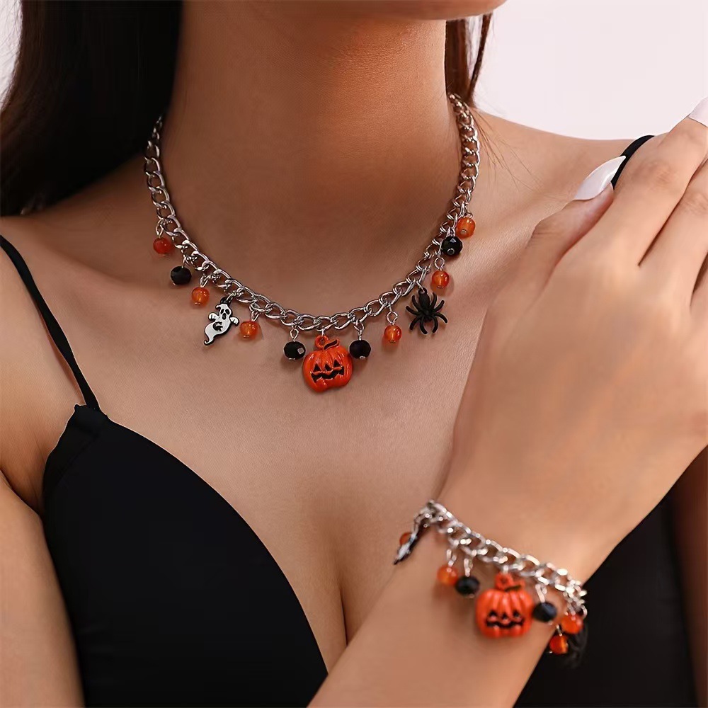 跨境万圣节新款搞怪卡通可爱南瓜幽灵骷髅吊坠手链项链女节日氛围