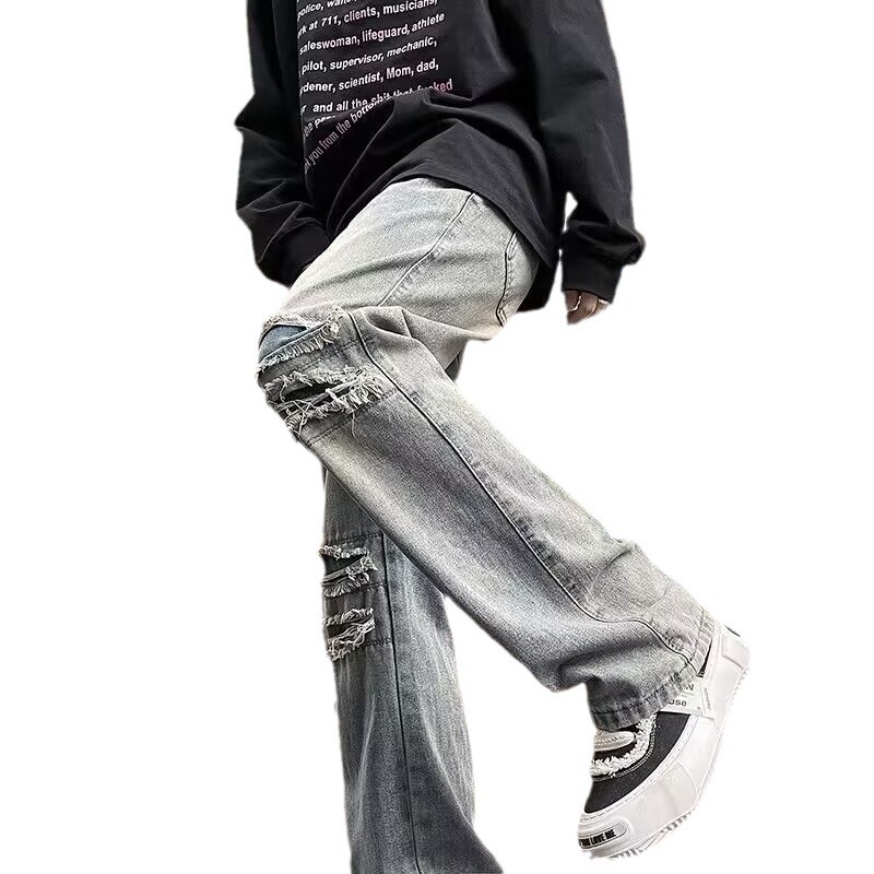 Slightly flared soft jeans for men, spring and summer with holes, stylish washed American retro casual long pants for teenagers and students Item Picture