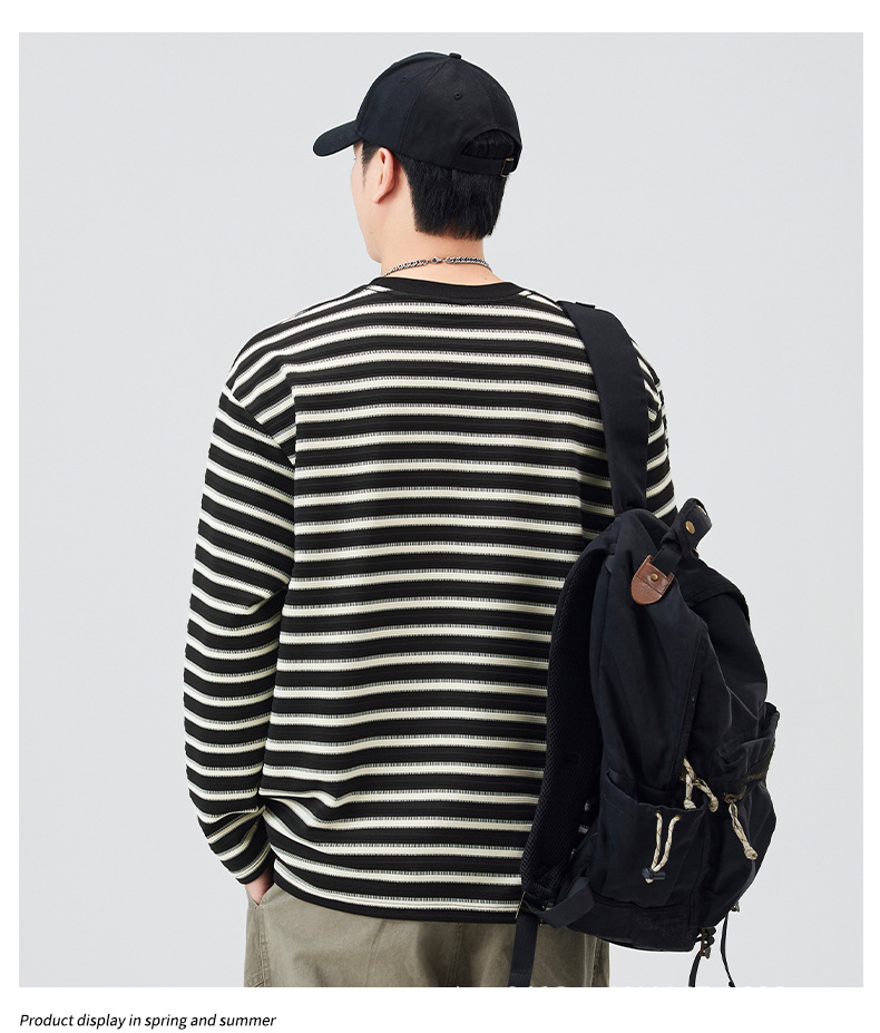 Black striped long-sleeved T-shirt for men, a loose and contrasting color round soul base layer top from the 2025 autumn fashion brand pic 14