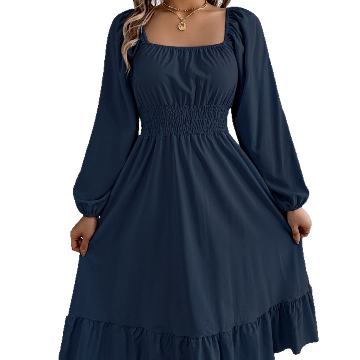 Spring/Summer 2025 European and American casual solid-color square-neck long-sleeved, waist-cinched, ruffled A-line dress Amazon cross-border women's clothing Item Picture