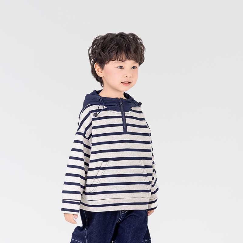 Valley of the Wind 2025 Spring New Children's Korean-style contrasting color hooded sweatshirt for boys, versatile loose striped pullovers Specification image