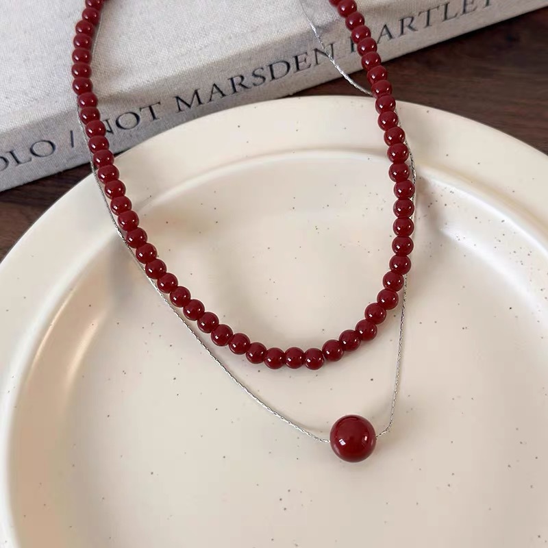 New Chinese-style Ankela red beaded necklace, natural agate beaded light luxury high-end autumn and winter versatile earrings and earrings pic 7