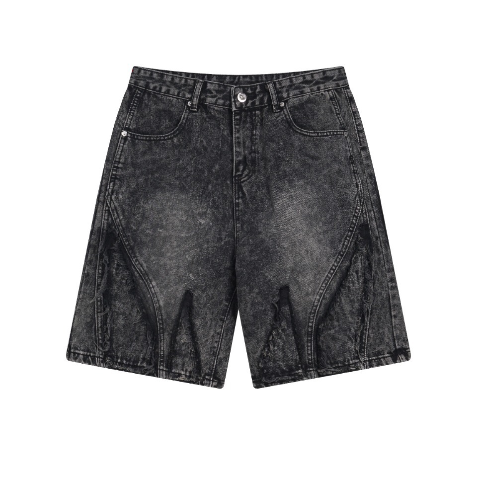 Ripped denim shorts, men's fashion brand American high street mid-length pants, loose straight leg, retro washed fringed pants Item Picture