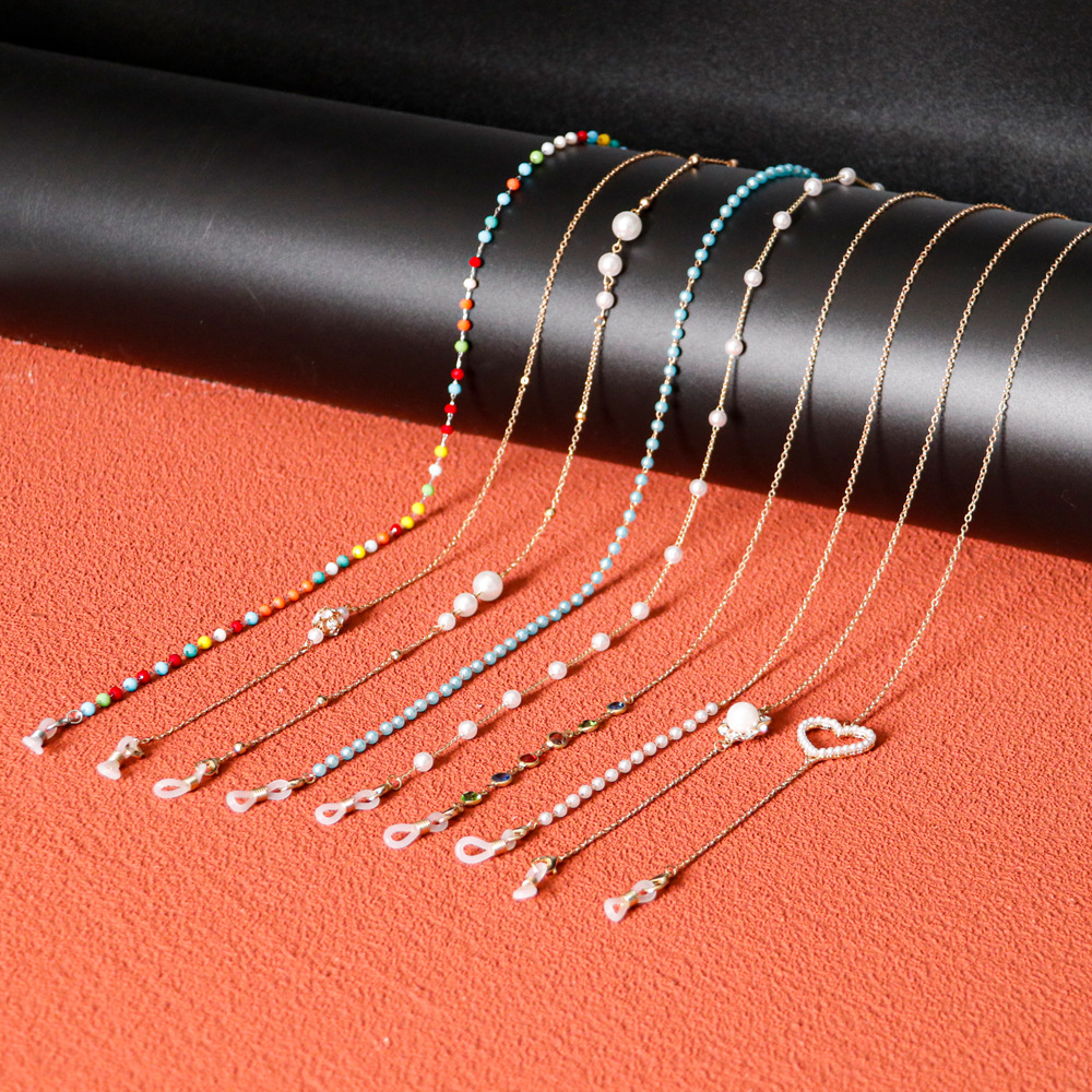 Cross-border metal color-preserving metal eyeglass chains, crystal pearl gemstones, anti-slip mask chains, lanyards, eyeglass accessories Specification image