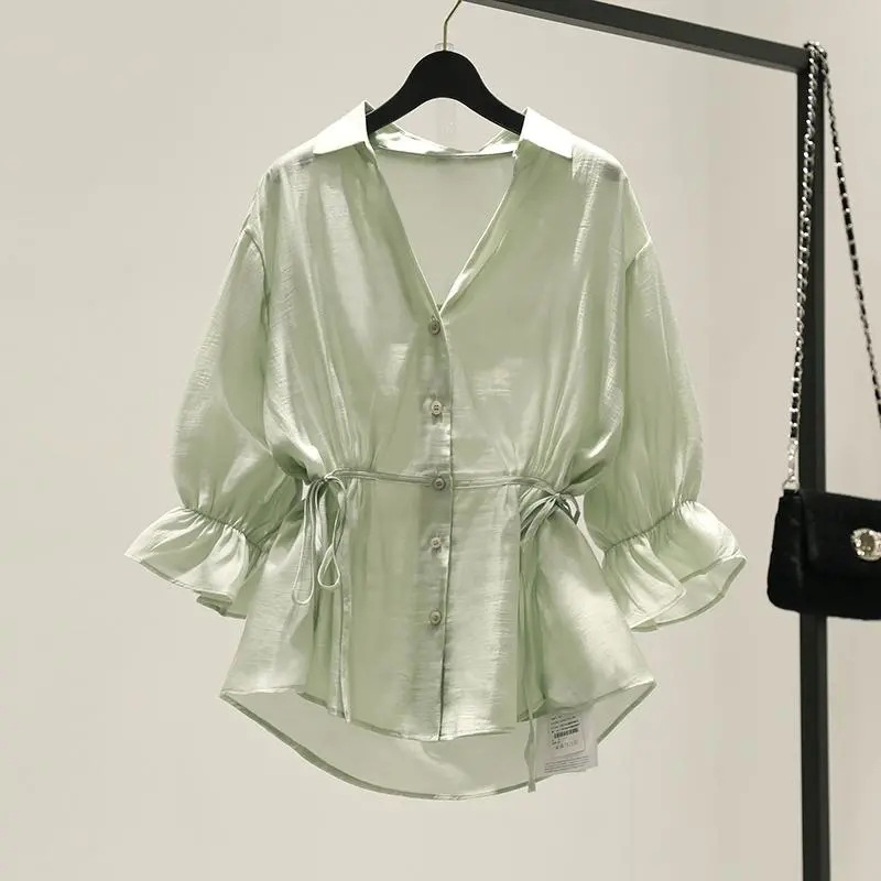 V-neck cinched waist skirt shirt for women's summer 2022 new Korean style, youthful chiffon loose ruffled top and baby shirt Specification image