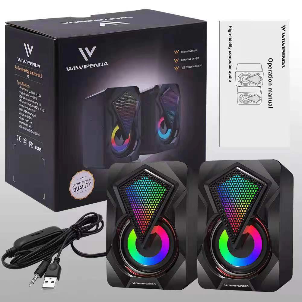 X2USB desktop mini speaker with 3.5MM audio jack, 2.0 wire-controlled RGB color light, mini computer speaker glowing pic 9