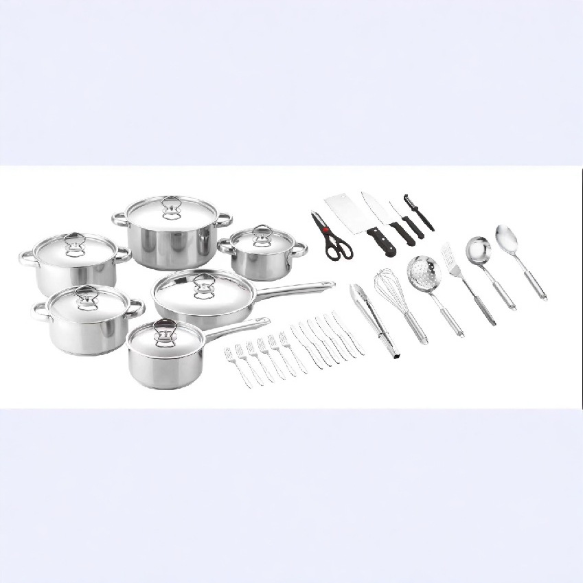 Chaozhou Mutual export stainless steel cookware with thickened steel LIDS and double bottoms, 35-piece set of frying pans and milk POTS