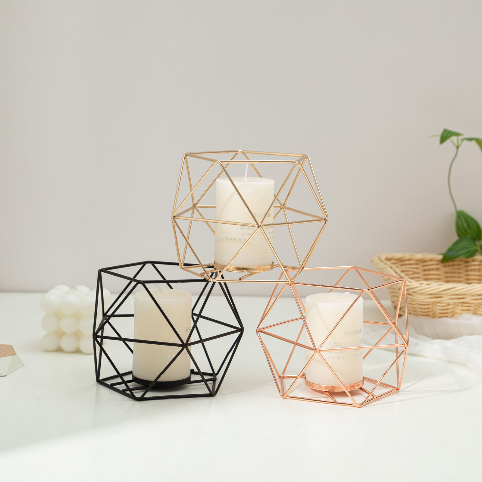 Cross-Border American Polygonal Iron Candlestick Candle Light Luxury Base Metal Candlestick High-End Decorative Pieces