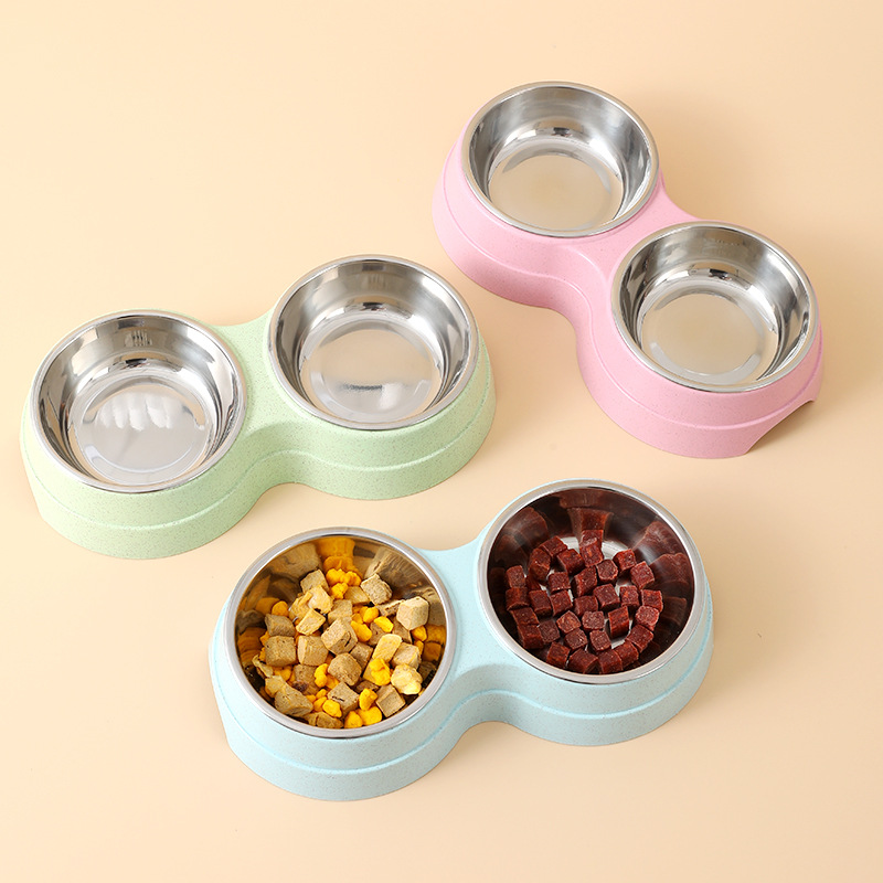 Wholesale wheat straw pet double-bowl round two-in-one dog bowl for both drinking and feeding