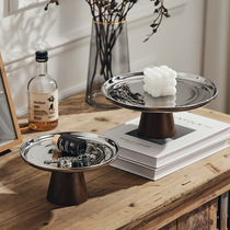Nordic ins light luxury ceramic fruit tray silver luxury cake tray tall acacia wood living room coffee table storage