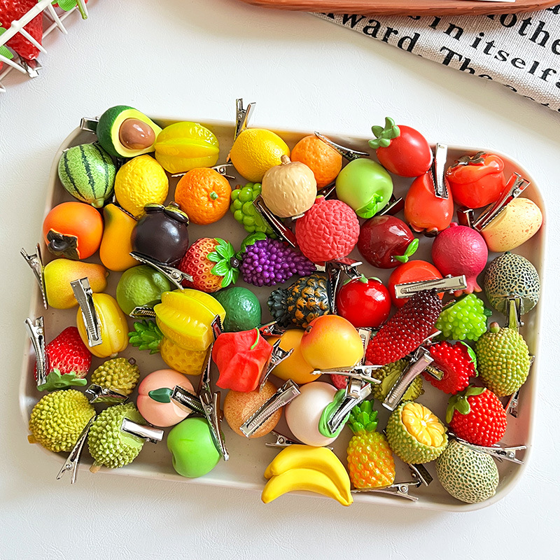 创意仿真水果发夹食玩草莓榴莲石榴发卡可爱树脂边夹趣味桃子发饰详情13