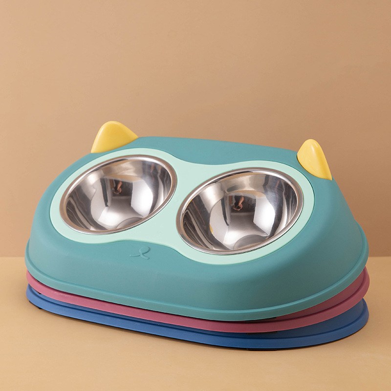 Wholesale pet bowls, multi-functional protection for cervical vertebrae, anti-tipping and anti-slip dog bowls, cat bowls, stainless steel double bowls for feeding, in stock Application Scenario
