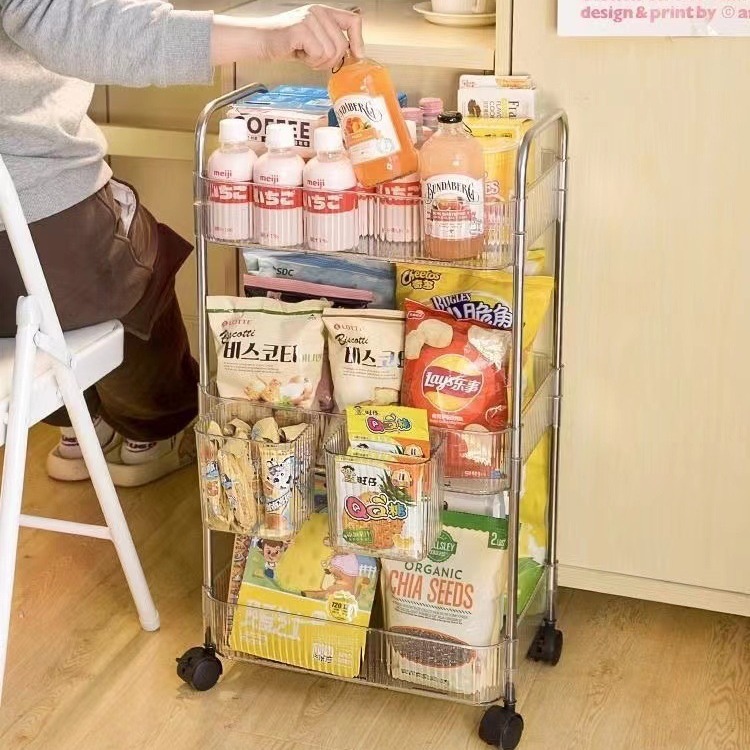 Trolley storage rack, household snack multi-layer storage bookshelf, mobile kitchen fruit and vegetable basket, acrylic shelf Application Scenario