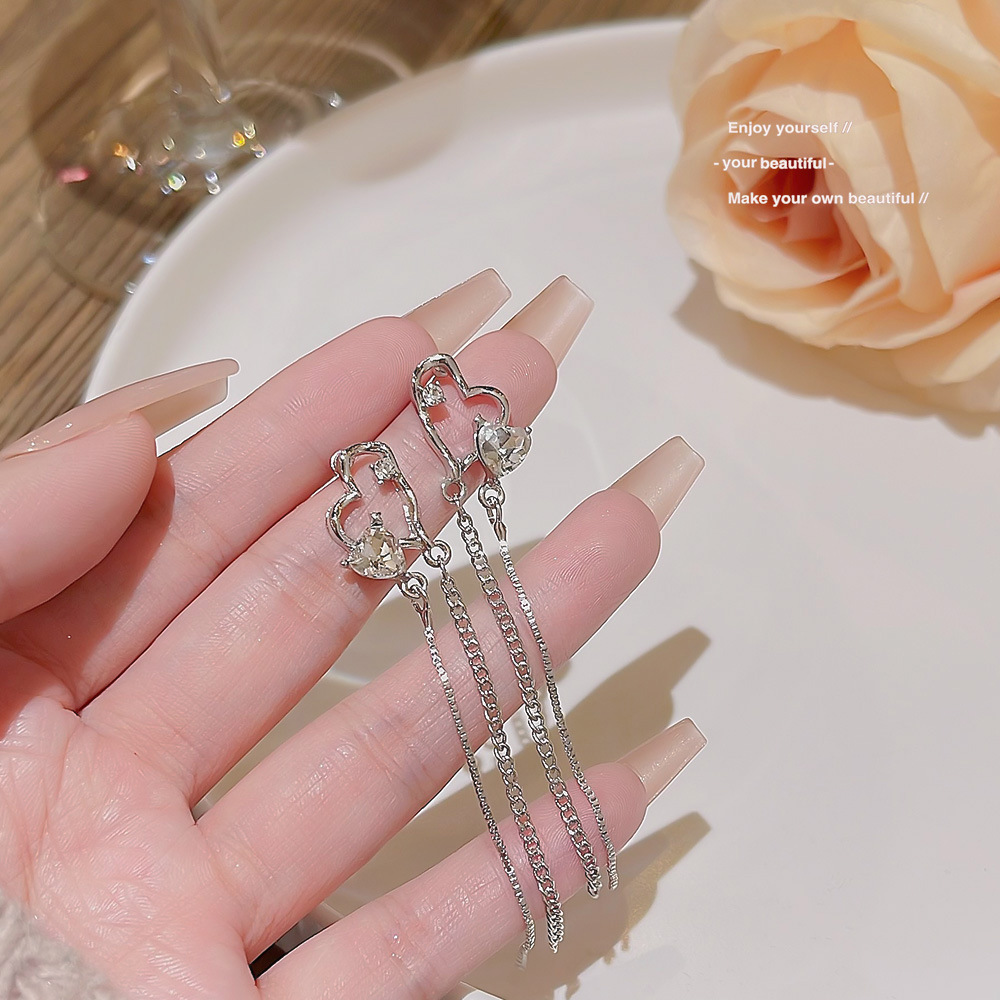 S925 Silver Needle Heart To Heart Zircon Tassel Earrings Women's Advanced Sense New Stud Earrings Network Red Love Minority Earrings details Picture