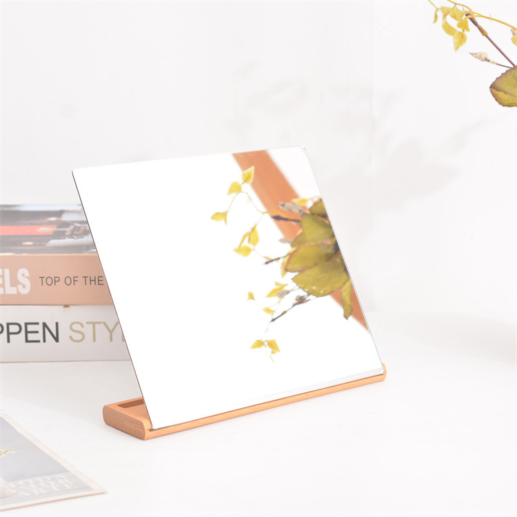 Wooden desktop mirror Simple cosmetic mirror High brightness small mirror Office desktop decoration Wooden base cosmetic mirror