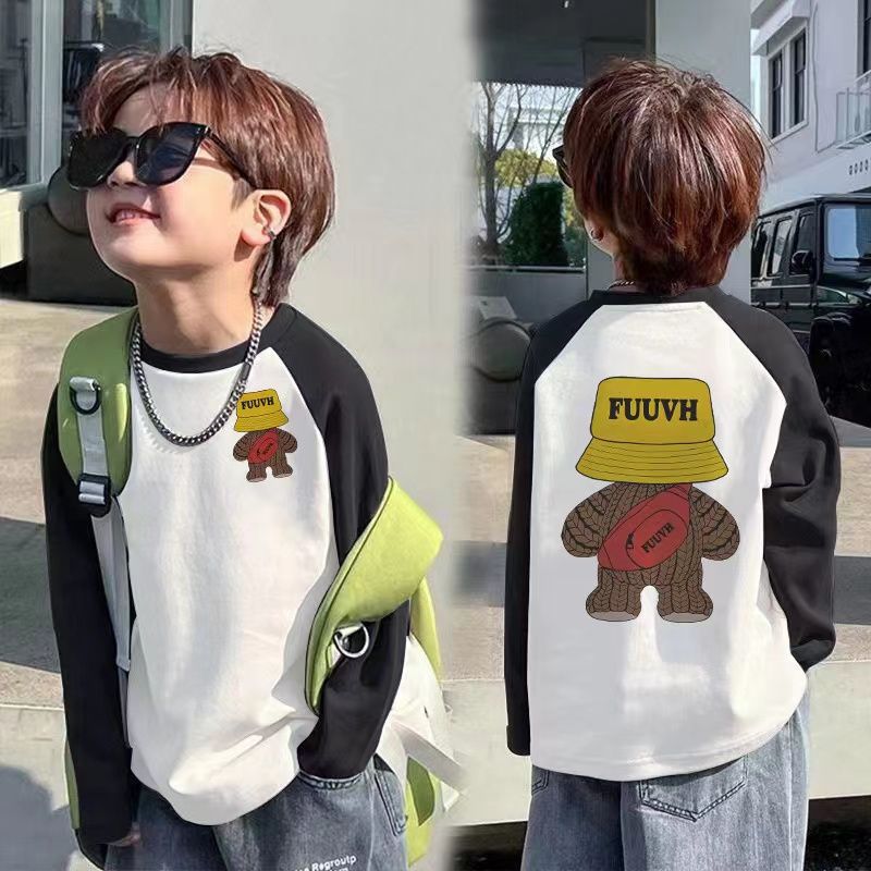 Pure cotton children's long-sleeved T-shirt, Spring and autumn new style boys' and girls' cartoon shoulder sleeve top, small children's and baby base layer details Picture