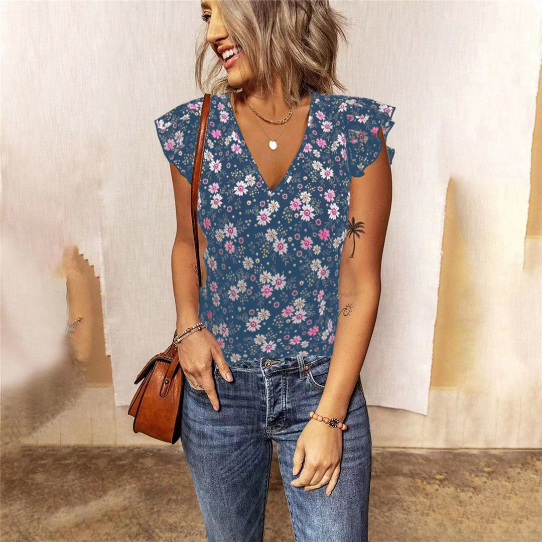 2022 Summer Amazon wish Cross-border New Women's Clothing Loose small floral V-neck lotus leaf sleeve T-shirt top Specification image