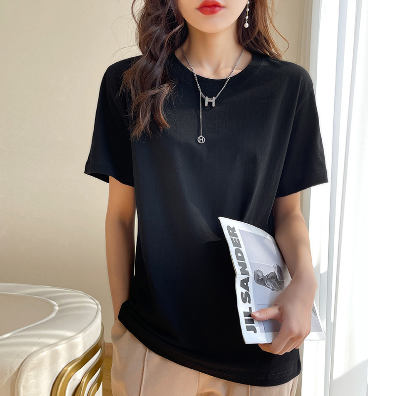 Camiseta de manga corta de hilo de algodón mujer cuello redondo manga larga casual bifurcación camiseta verano nuevo trendy details Picture