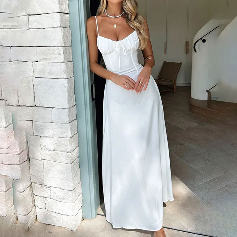 Elegant lace-up A-shaped solid color mid-length dress Specification drawing