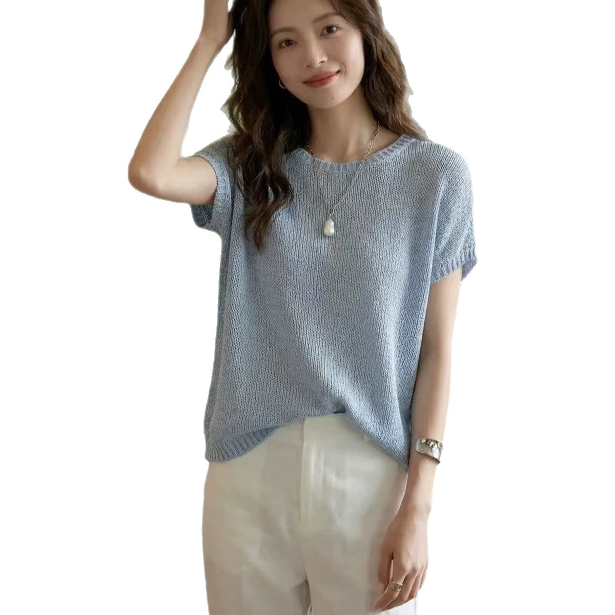 Cool and refreshing Tencel linen summer new knitted short-sleeved T-shirt for women, new round neck loose and breathable thin top for summer Item Picture