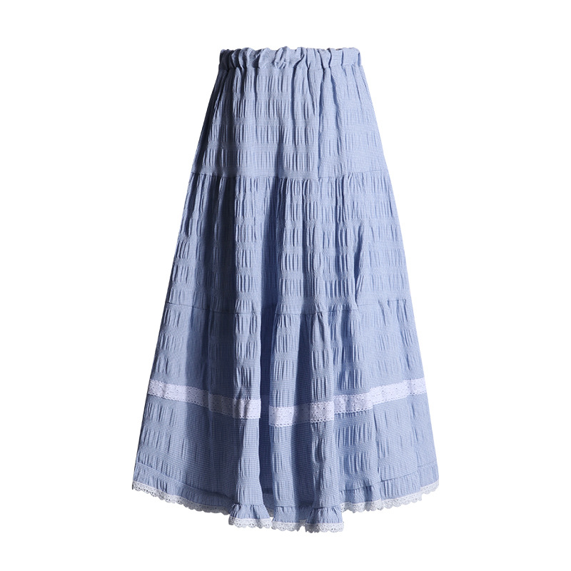 Fashionable lace-edge forest-themed A-line long dress for Spring/Summer 2024, high-waisted sweet blue checkered loose and versatile half skirt Item Picture