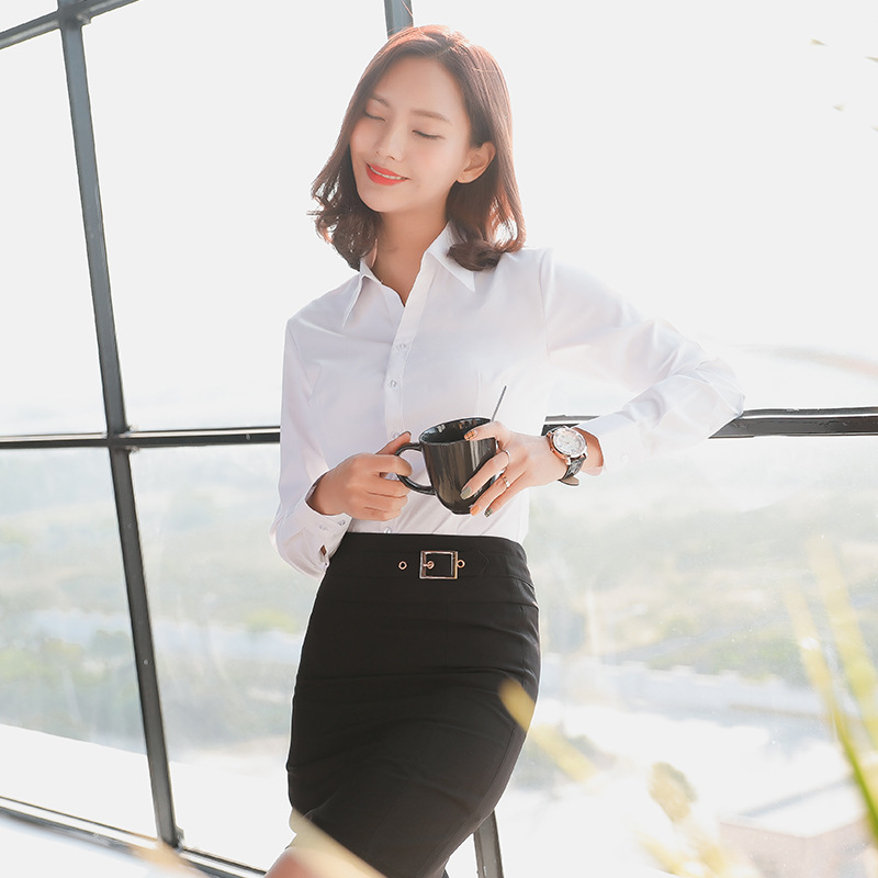 2024 New style long-sleeved white shirt for women, OL fitted business attire, interview work clothes, cotton V-neck shirt, formal collar Application Scenario