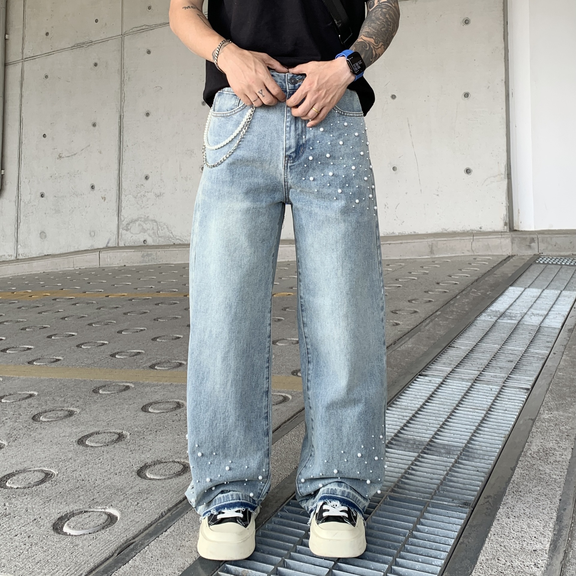 Cross-border Parisian style beaded jeans for men, 2025 new trendy streetwear brand loose straight-leg wide-leg pants for men
