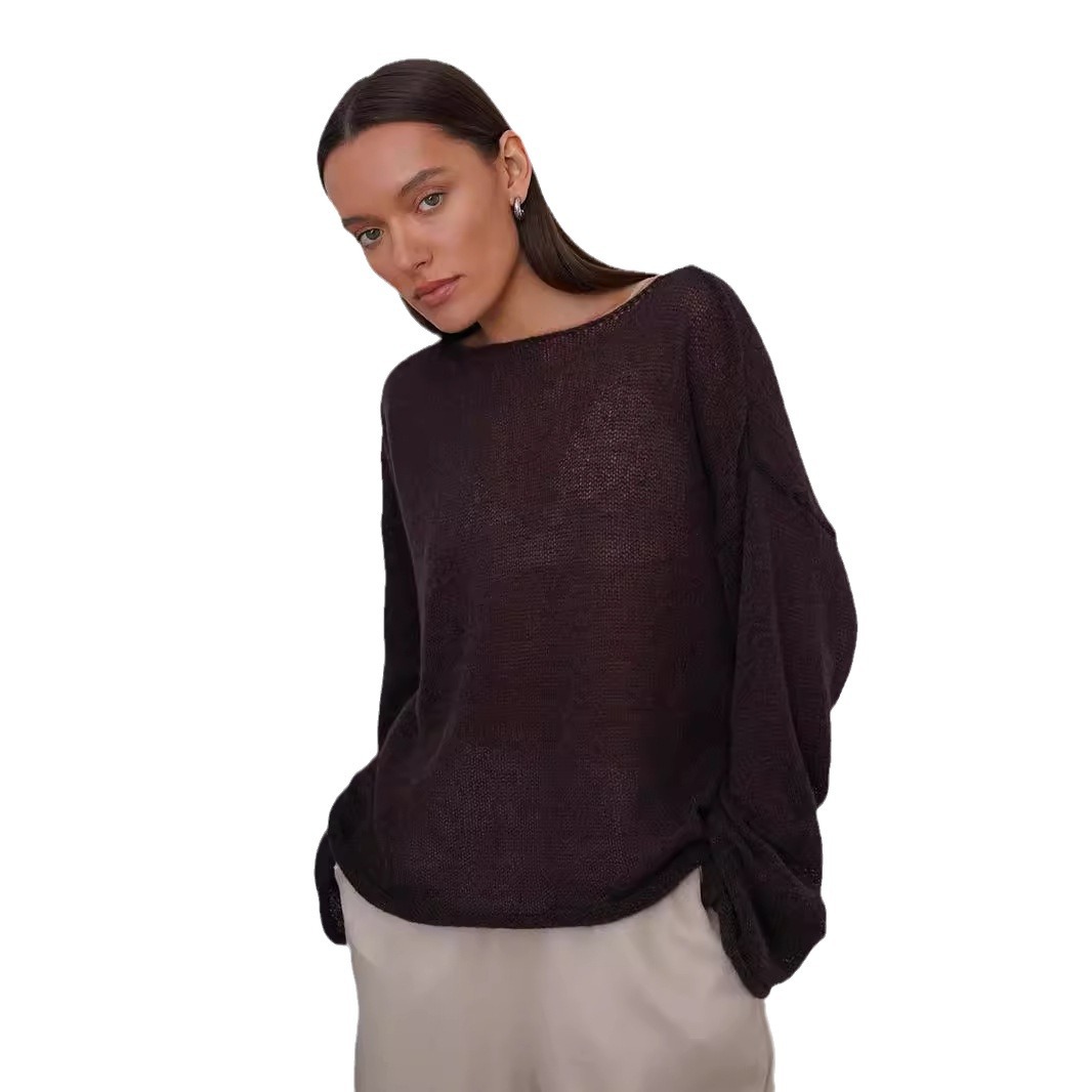 Cross-border hollowed-out knitted sweater, European and American 2025 Spring/Summer new women's see-through thin large round neck flared sleeve knitted T-shirt Item Picture