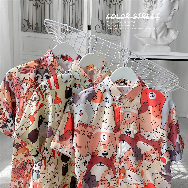 Japanese summer port style short-sleeved flower shirt male hipster plankton handsome beach design sense cartoon female loose shirt Hawaii