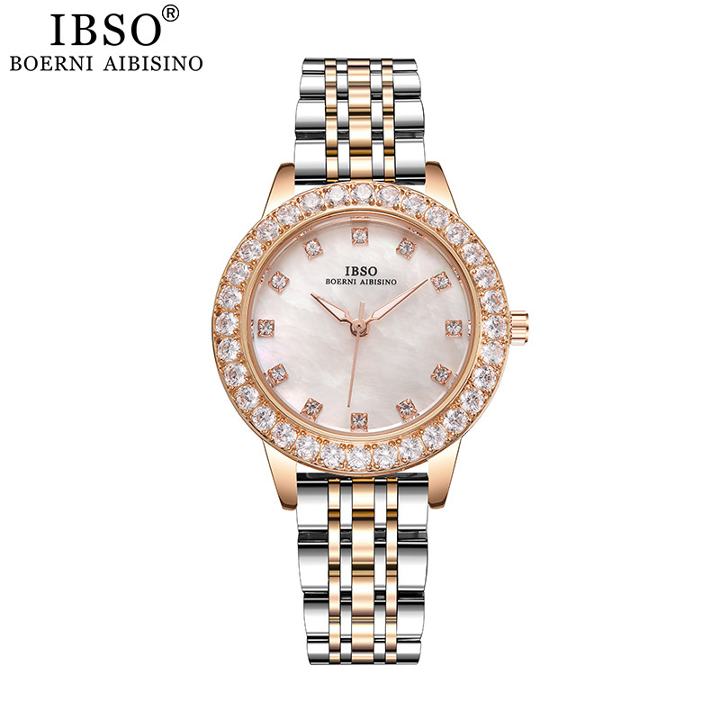 IBSO女士时尚石英带钻手表超薄腕表，女性不锈钢表带腕表图
