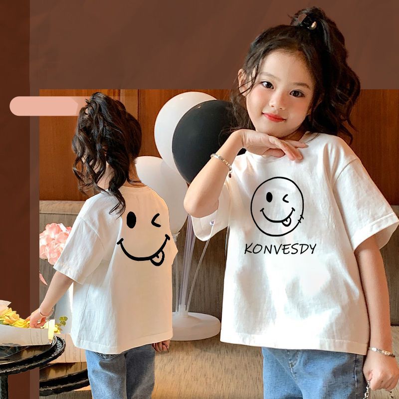 Girls' short-sleeved pure cotton T-shirt, new summer loose top, simple printed children's casual T-shirt from Zhongda Children's Clothing