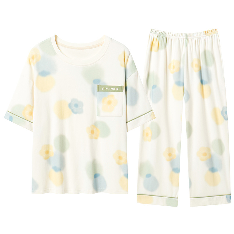 Peiyan Pure Cotton pajamas for women, summer short-sleeved capri pants, loose and plate-sized all-cotton home wear set for middle-aged mothers Item Picture