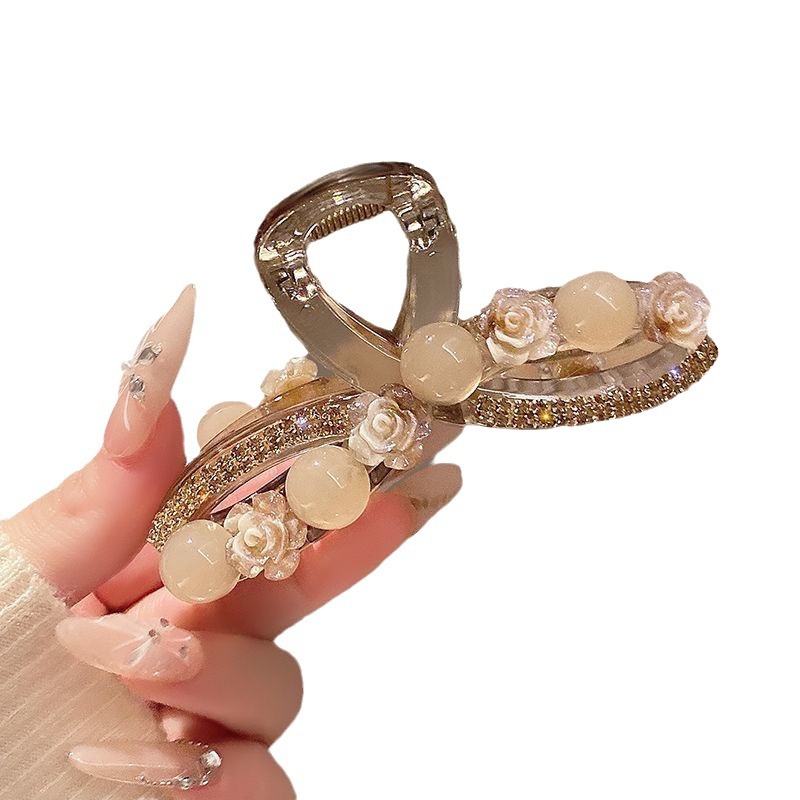 Elegant little camellia flower bead claw clip, large hair volume, high-end updo shark clip for women at the back of the head Item Picture