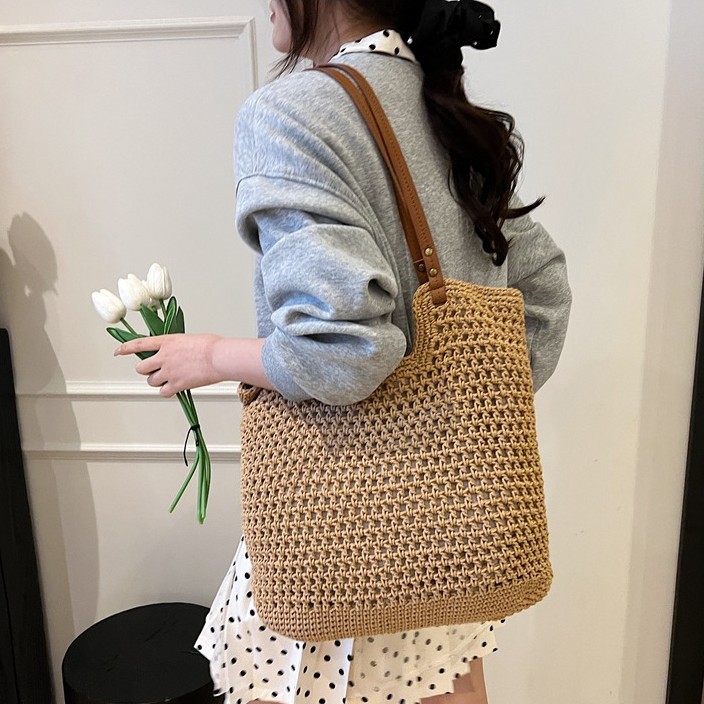 2025 New straw woven women's bag, factory fresh and clean vacation crochet bag, large capacity tote bag, beach bag Specification image