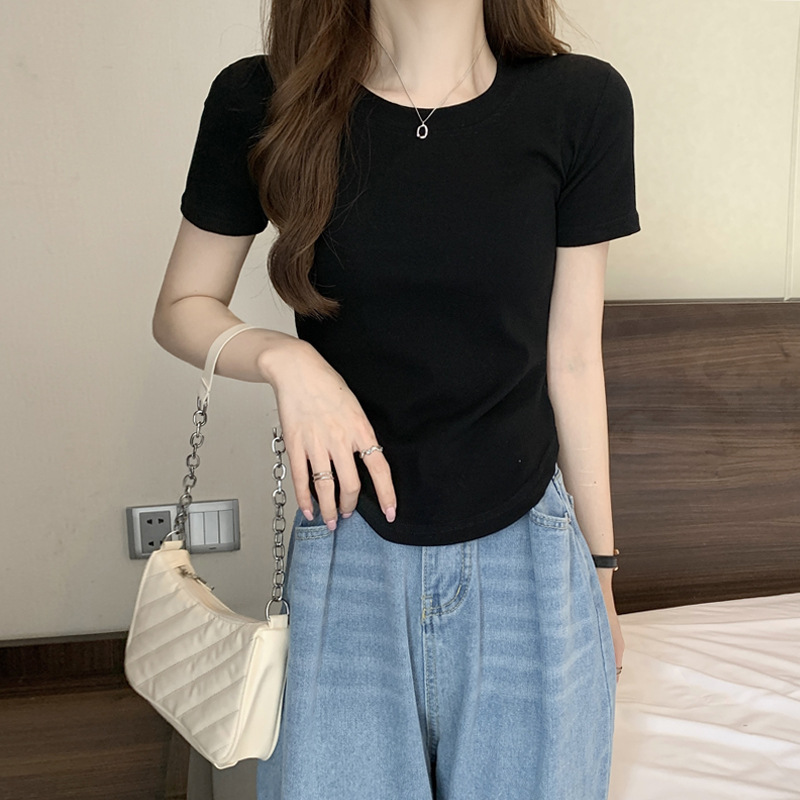 Select Cotton Irregular T-Shirt Women Short Sleeve 2024 Summer New Chic Waist Waist Blouse Slim Body T-Shirt Base Application Scenario