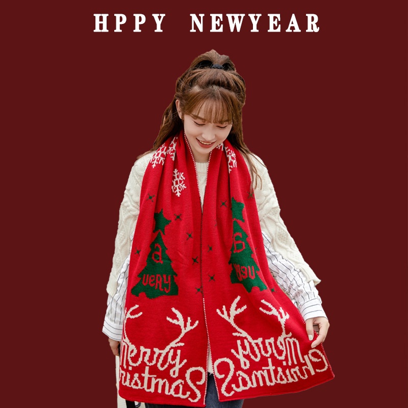 Christmas Deer Knitted Scarf Female Red Thick Warm Bib Student Long Gift Green Christmas Bib details Picture