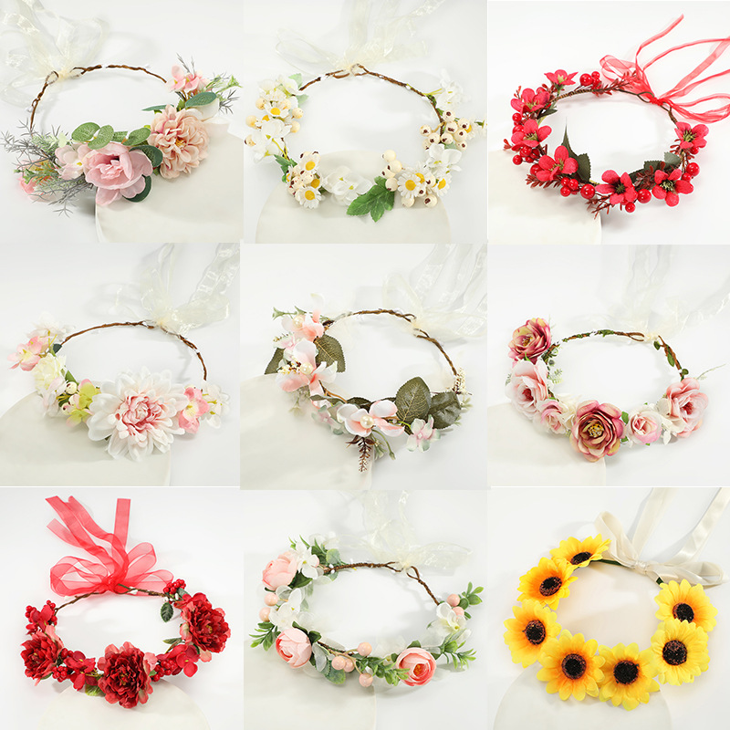 欧美花环头饰复古甜美新娘头饰手工布艺仿真花发箍旅游度假头饰品图