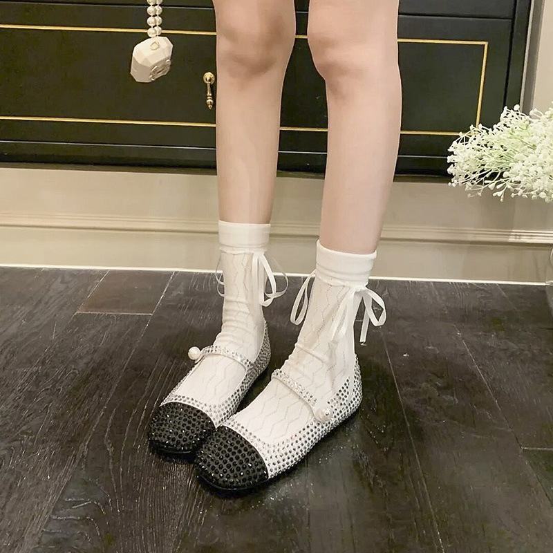 薄款法式丝带蝴蝶结袜子女中筒袜镂空堆堆袜透气黑色白色夏天长袜