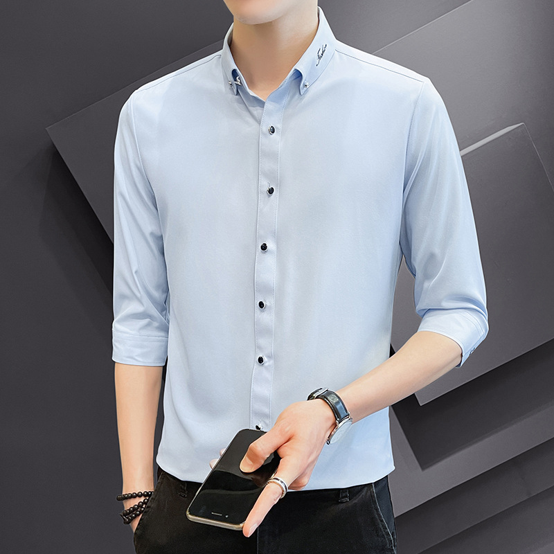 Summer lapel shirt for men, three-quarter sleeve Korean-style slim, no-iron short-sleeved shirt, cool pure white casual mid-sleeve Application Scenario