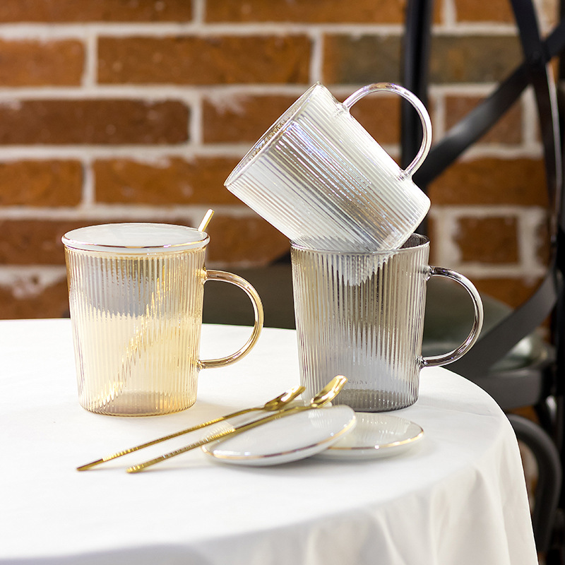 创意夏季高硼硅玻璃杯网红咖啡杯透明竖纹下午茶杯套装泡茶杯批发八月陶瓷详情图1