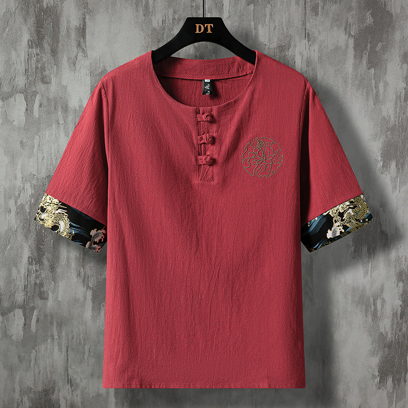 Chinese trend cotton and linen short-sleeved T-shirt for men, large-sized Chinese style Tang suit, half-sleeved Chinese style button-up men's T-shirt, ancient-style Hanfu, Zen suit Application Scenario