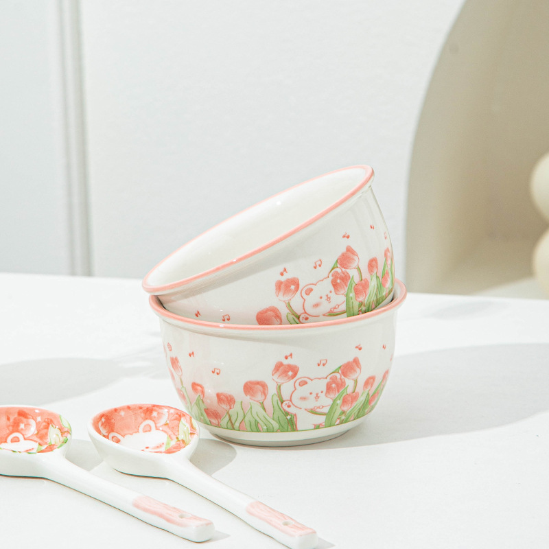 【Hello Bear 2 Bowls 2 Spoons 】4.75 Inch Rice Bowl Large Capacity Complementary Food Bowl Ceramic Student Dormitory Bowl details Picture