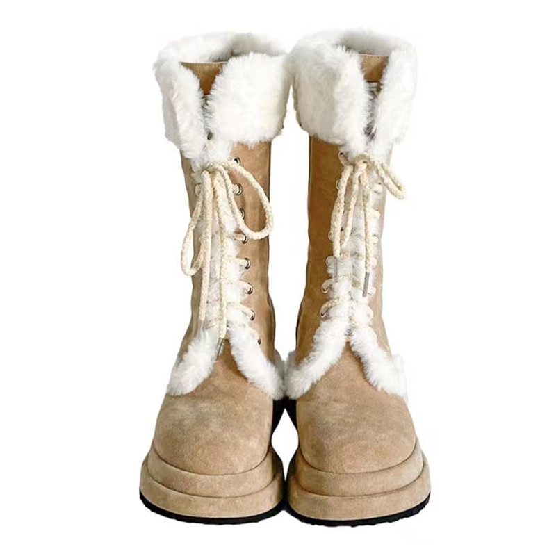 毛毛雪地靴女2023冬季新款复古厚底加绒骑士靴保暖中筒马丁绑带靴详情图1