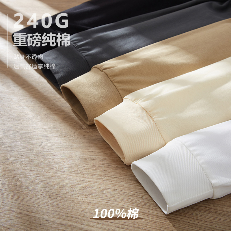 240-gram T-shirt with threaded long-sleeved top, a bestseller in the 2024 Spring and Autumn live stream, a pure cotton round-neck men's large-sized loose base layer T-shirt details Picture