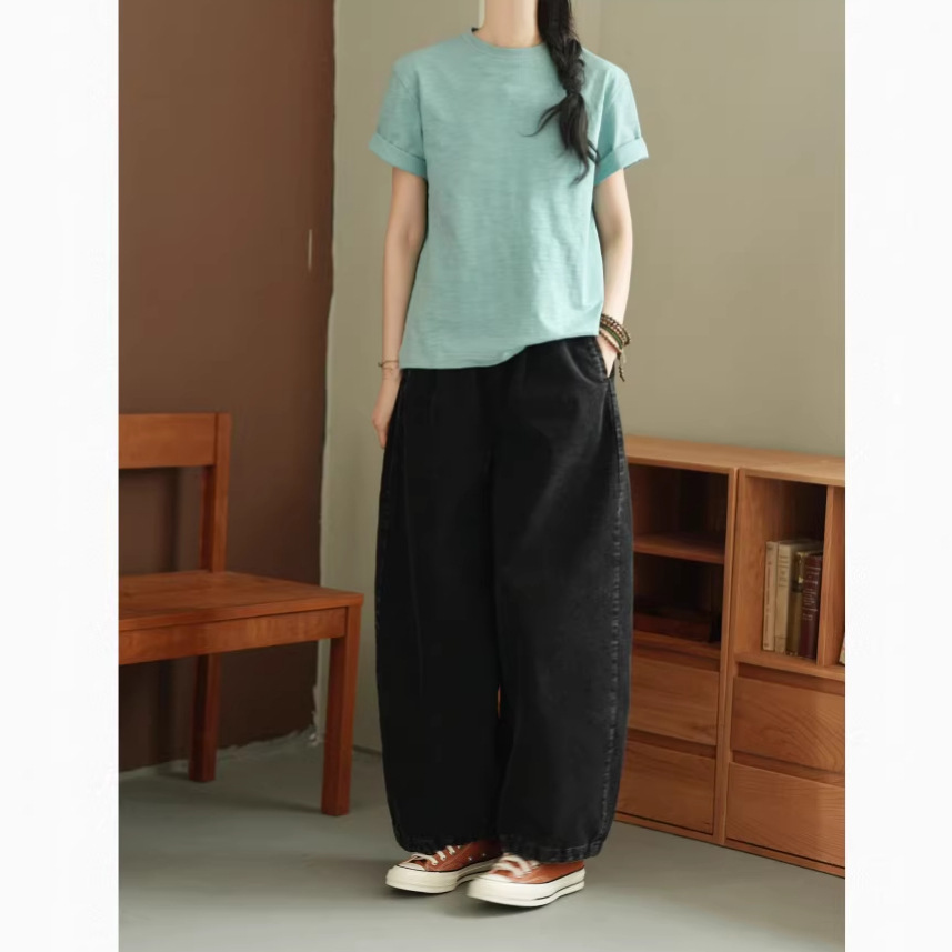 Solid-color short-sleeved, straight-shoulder, round-neck T-shirt for women 2026 summer new style, slimming and slim, bamboo joint cotton thin base layer top details Picture