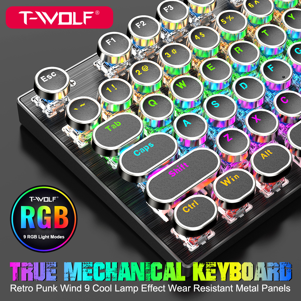 T-WOLF Thunder Wolf T75 Real mechanical keyboard wired RGB mixed light metal esports game retro punk blue axis full figure