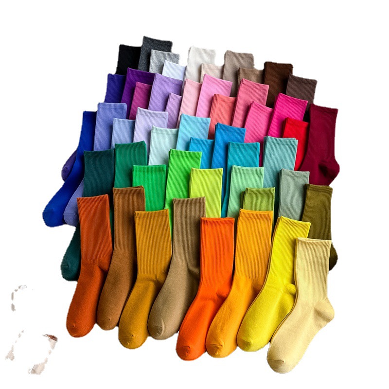Candy-colored mid-calf socks, super true 50-color high elastic rainbow color long calf socks, thin combed cotton sports socks Item Picture